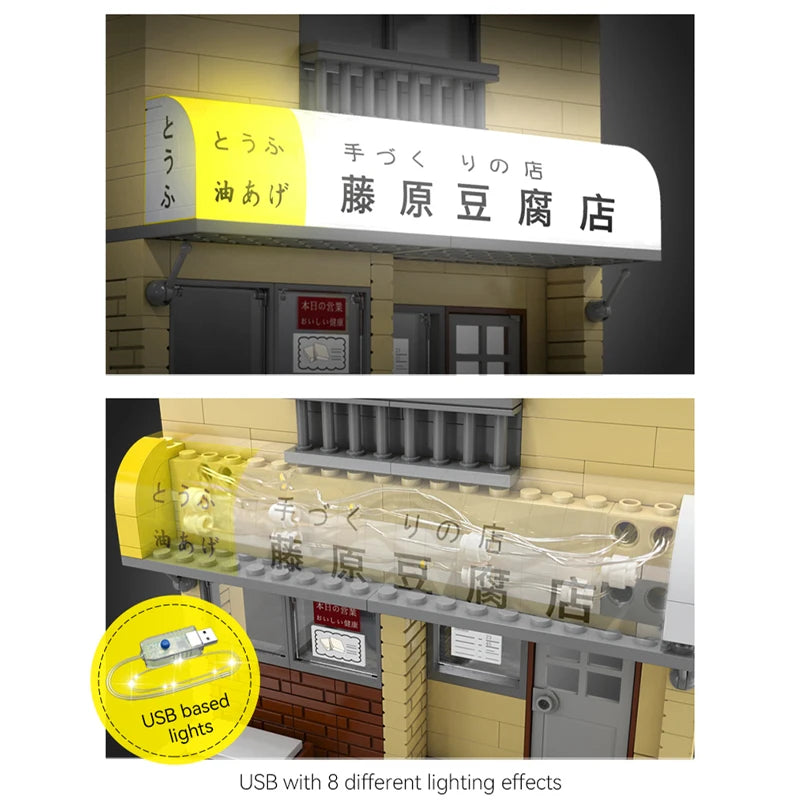 Cada Anime Initial D Tofu Shop House Model Building Blocks City Japanese Racing Car Parking Lot Bricks Toys Kid Gifts With LED