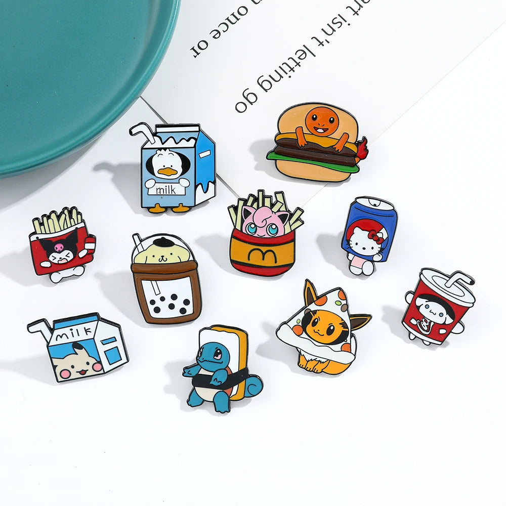 Sanrio Cola Hello Kitty Fries Kuromi Enamel Pin Pokemon Sandwich Pikachu Hamburger Charmander Metal Badge Brooch Gifts