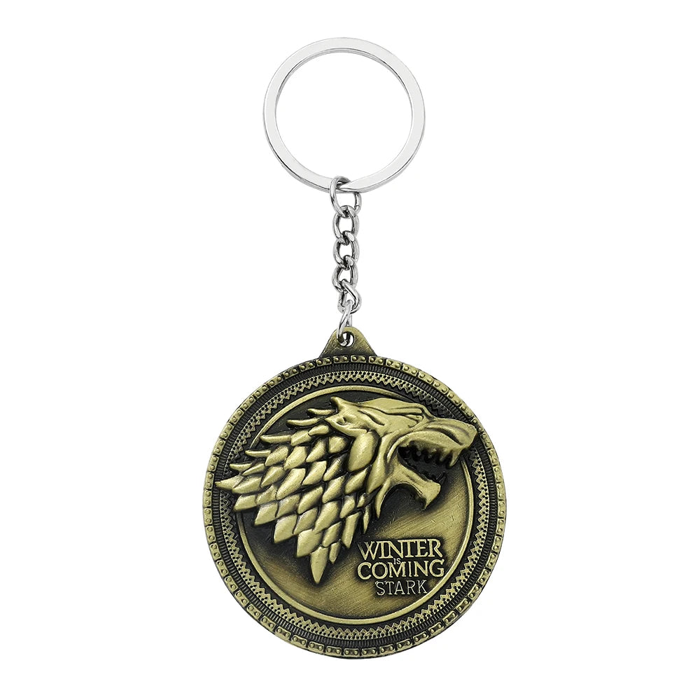 Movie A Song of Ice and Fire Metal Keychain Wolf Head Pattern Vintage Style Pendnat Keyrings for Car Key Backpack Accessories
