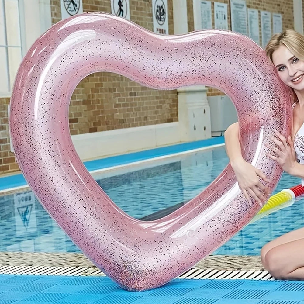 1pc Sequin Love Heart Swimming Ring Thickened PVC Inflatable Swim Circle Beach Swimming Pool Water Floating Ring