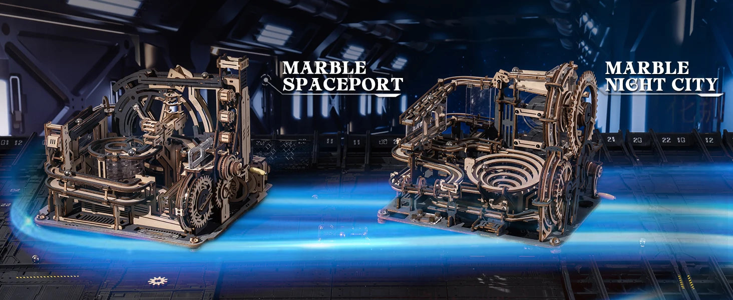 ROBOTIME Rokr Electric Marble Run with Light 3D Puzzle Toys Marble Spaceport Gifts for Kids Children Connect With Night City