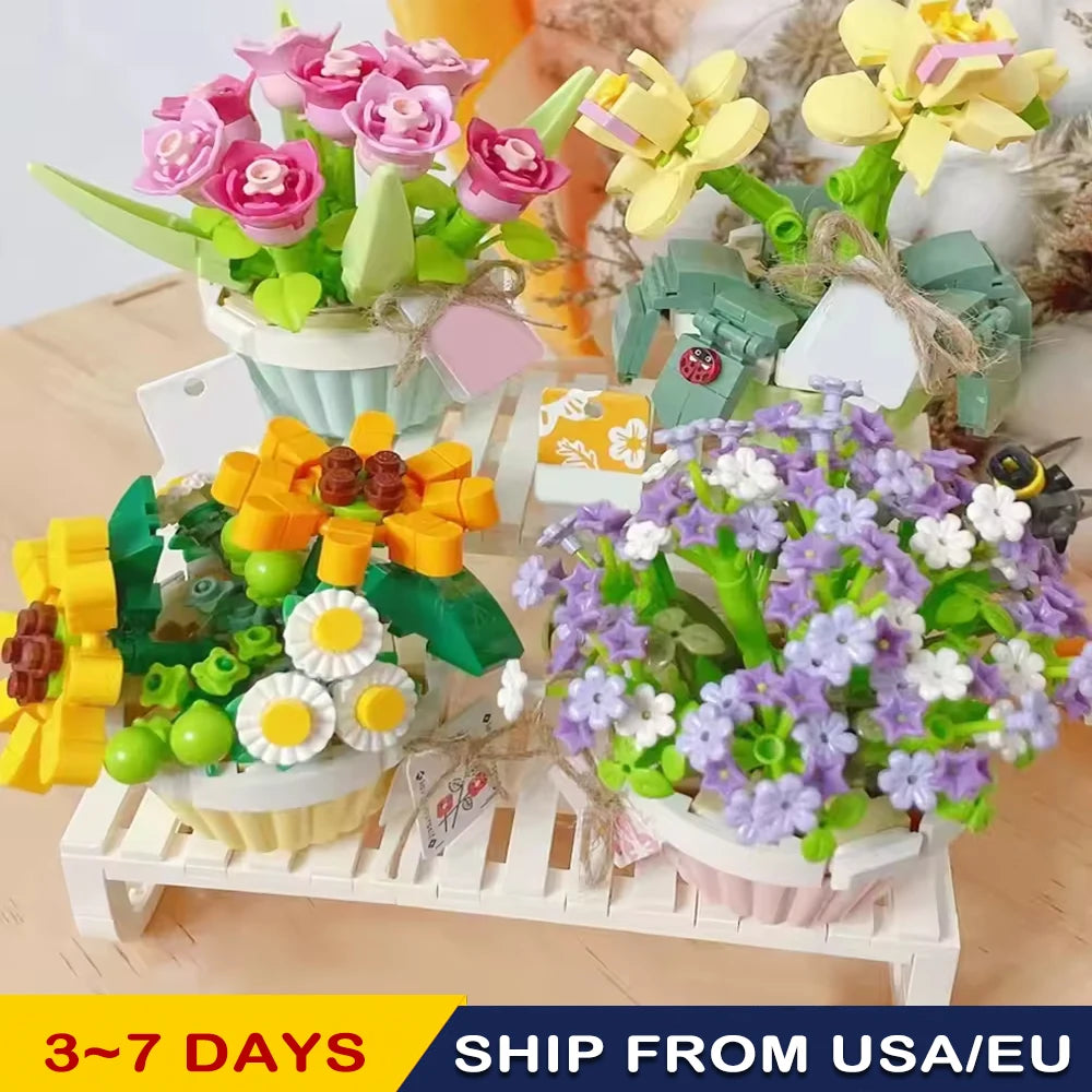 Romantic bouquet Mini Building blocks Girl toys DIY design Valentine building blocks Flower ornaments decorate Christmas gifts