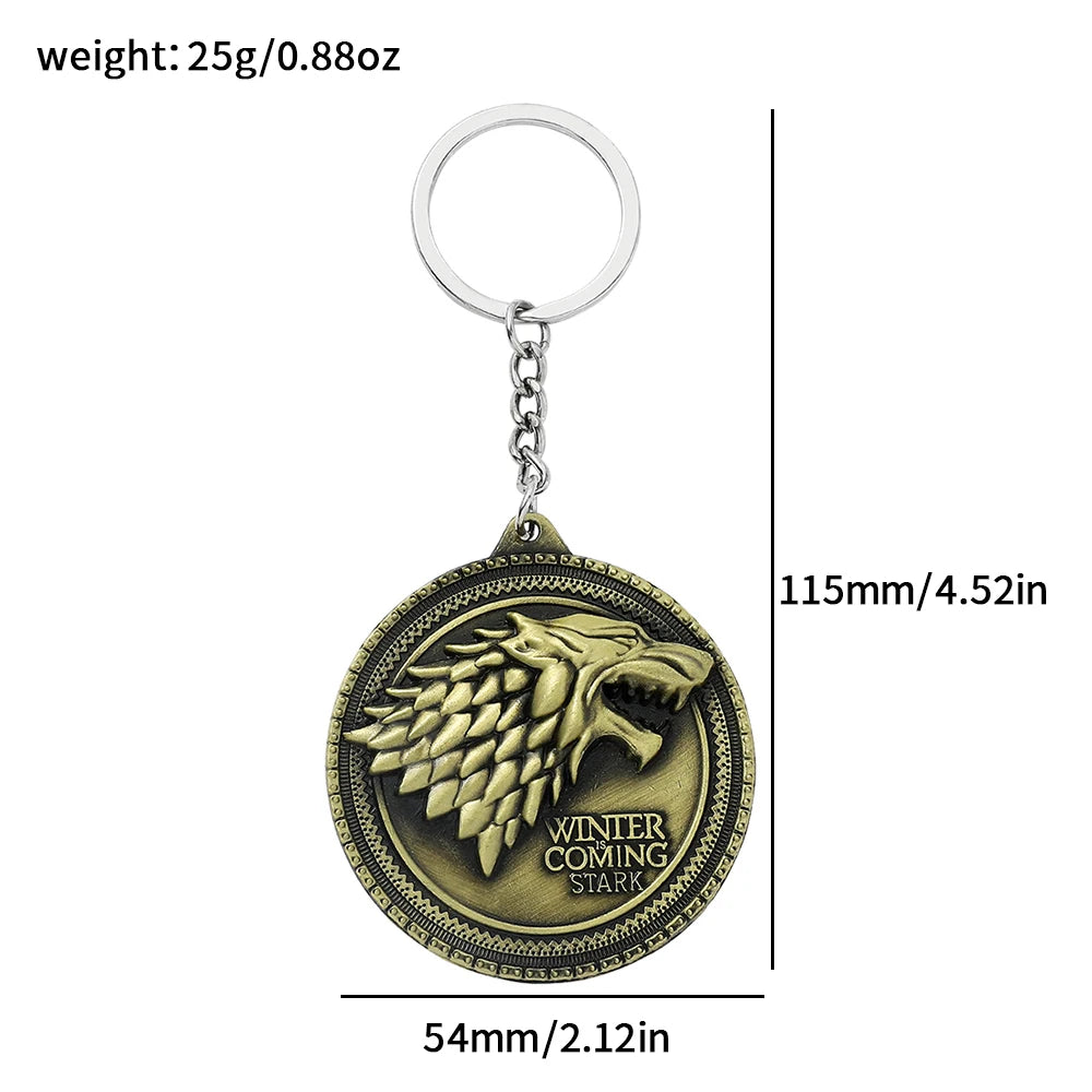 Movie A Song of Ice and Fire Metal Keychain Wolf Head Pattern Vintage Style Pendnat Keyrings for Car Key Backpack Accessories