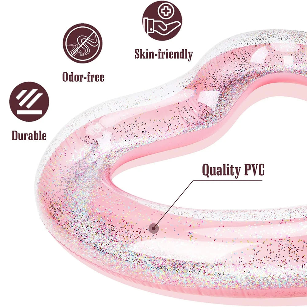 1pc Sequin Love Heart Swimming Ring Thickened PVC Inflatable Swim Circle Beach Swimming Pool Water Floating Ring