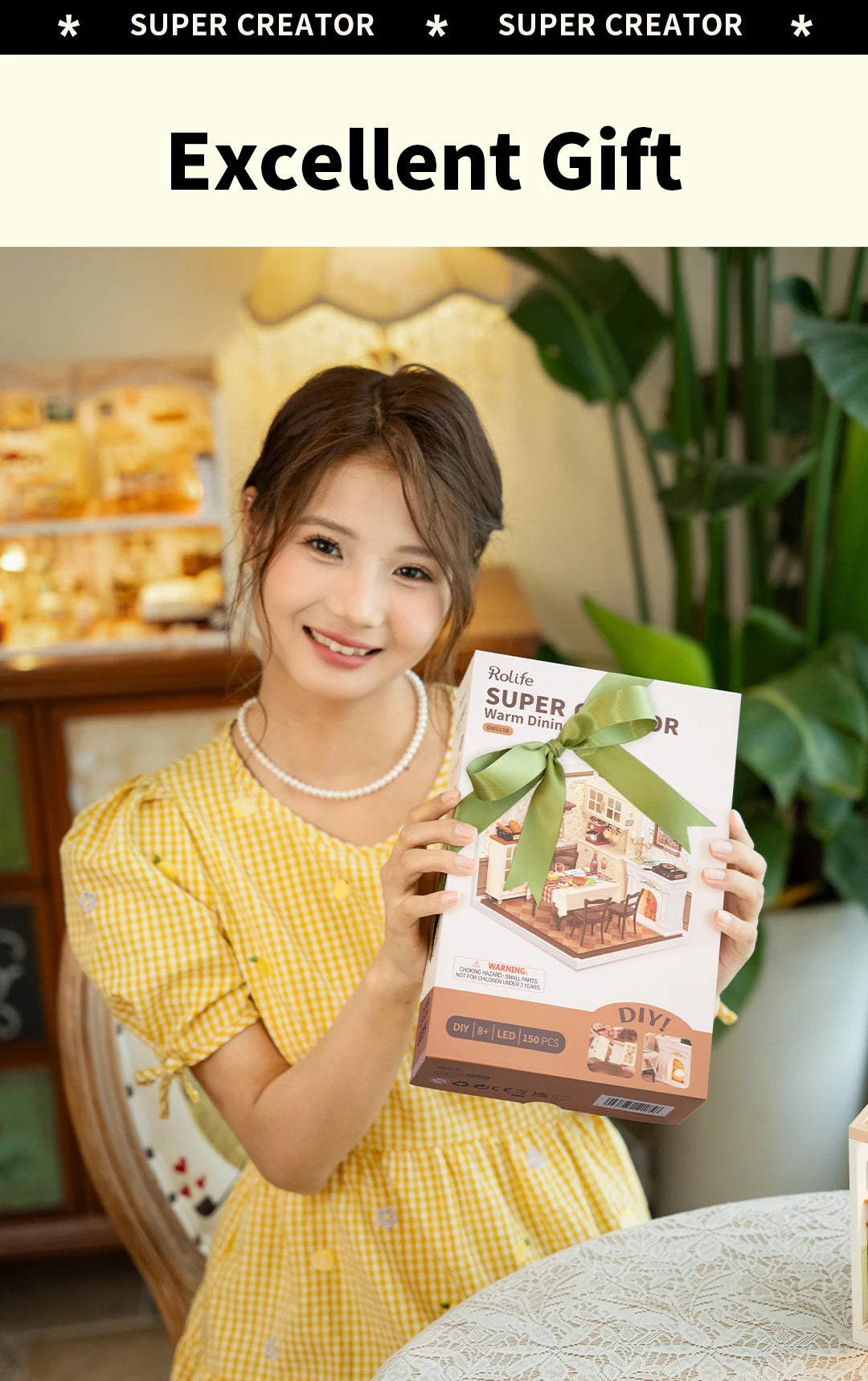ROBOTIME DIY Miniature House Craft Kit, Dollhouse Model Building Kit Birthday Creative Gifts for Adults, Kids (Warm Dining Room)