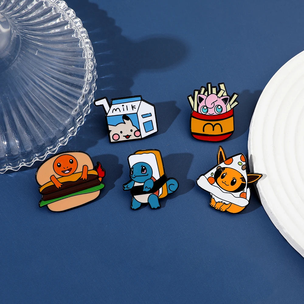 Sanrio Cola Hello Kitty Fries Kuromi Enamel Pin Pokemon Sandwich Pikachu Hamburger Charmander Metal Badge Brooch Gifts