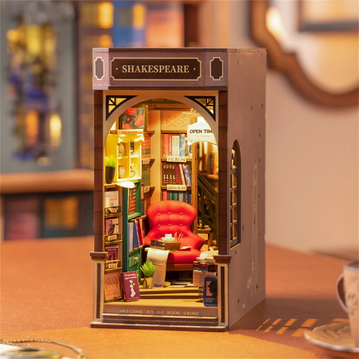 Robotime Rolife Bookstore Book Nook Bookend Model Kit with LED Light DIY Miniature House Kit for Bookshelf Decor - TGB07