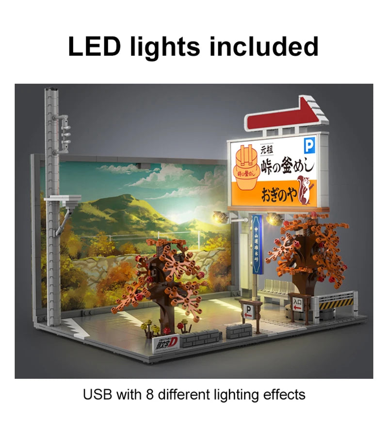 Cada Anime Initial D Tofu Shop House Model Building Blocks City Japanese Racing Car Parking Lot Bricks Toys Kid Gifts With LED