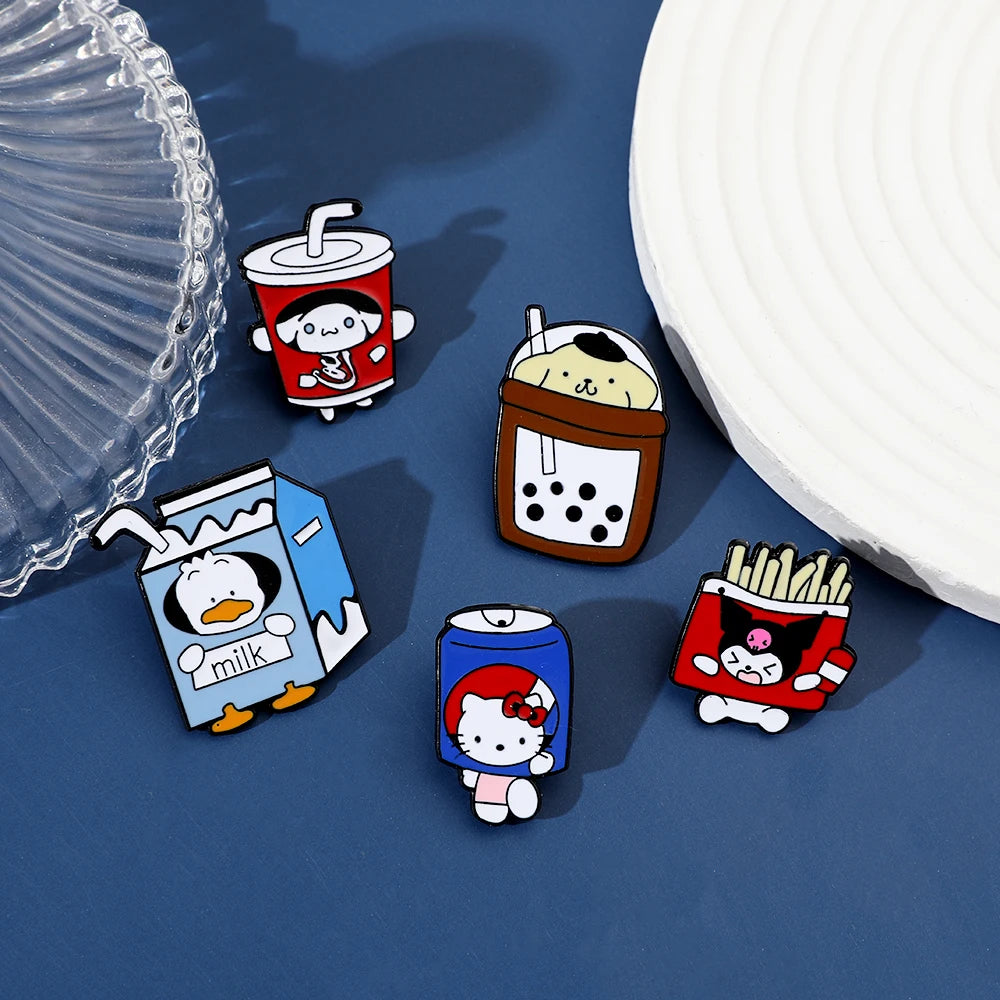 Sanrio Cola Hello Kitty Fries Kuromi Enamel Pin Pokemon Sandwich Pikachu Hamburger Charmander Metal Badge Brooch Gifts