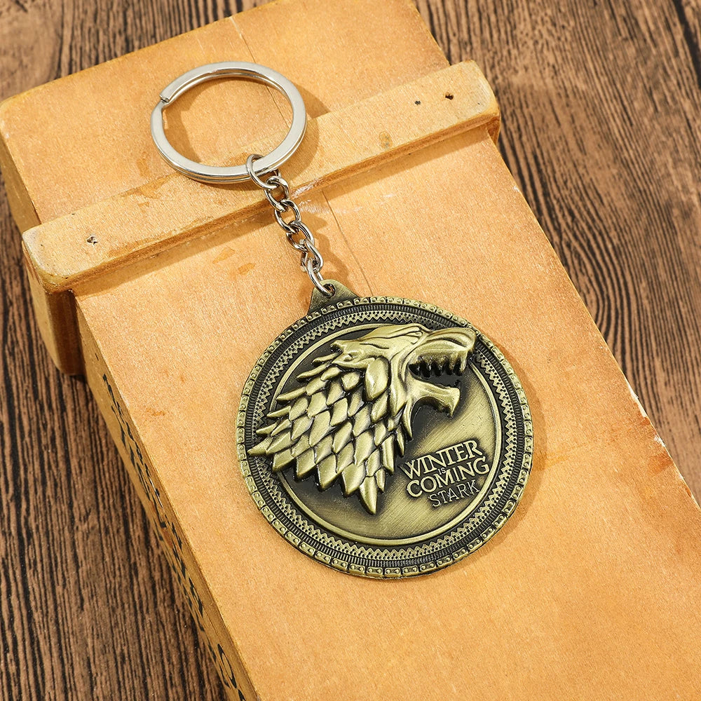 Movie A Song of Ice and Fire Metal Keychain Wolf Head Pattern Vintage Style Pendnat Keyrings for Car Key Backpack Accessories