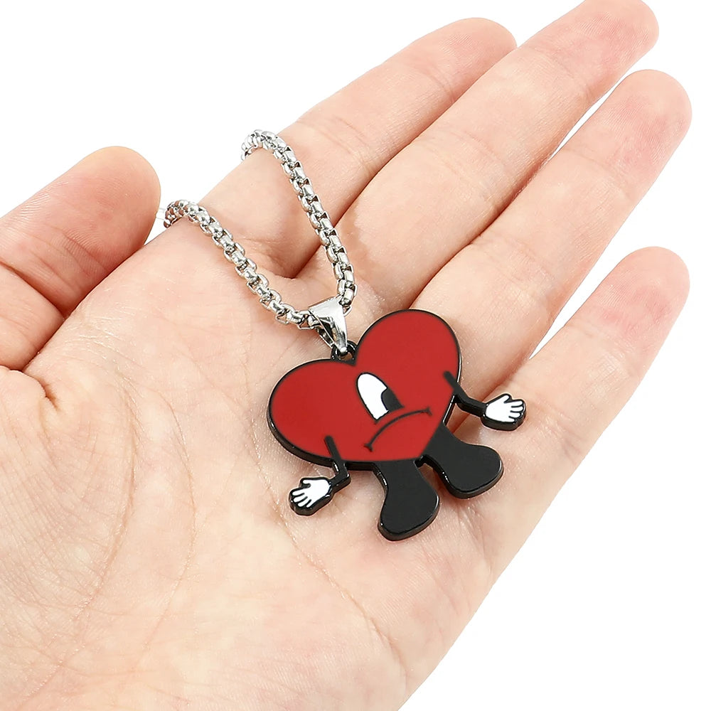 Rap Singer Bad Bunny Red Hear Necklace Cute Bad Rabbit Enamel Pendant Collares for Fans Rapper Accessories