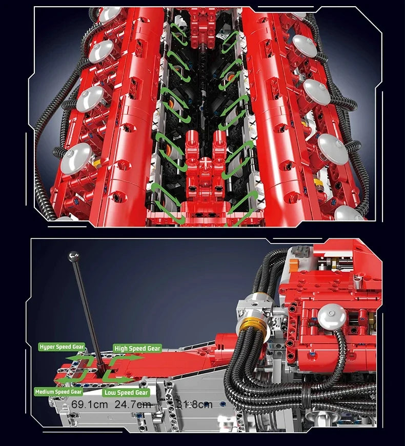 Mould King 10169 V12 Engine Building Blocks Assembly Toy Electric Motor Drive Bricks Kit 12-Cylinder Car Engine Model