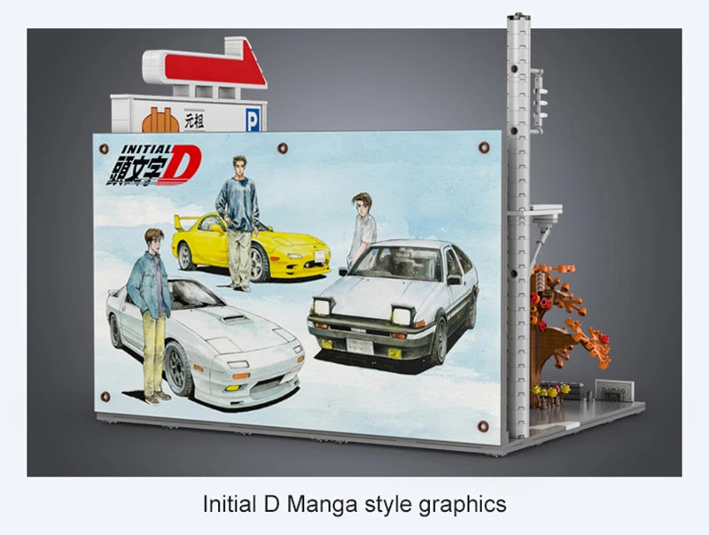 Cada Anime Initial D Tofu Shop House Model Building Blocks City Japanese Racing Car Parking Lot Bricks Toys Kid Gifts With LED