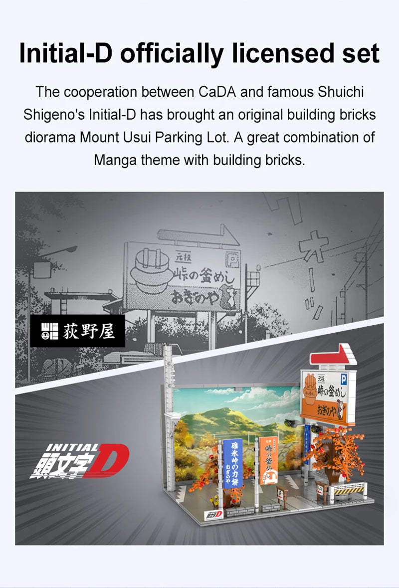 Cada Anime Initial D Tofu Shop House Model Building Blocks City Japanese Racing Car Parking Lot Bricks Toys Kid Gifts With LED