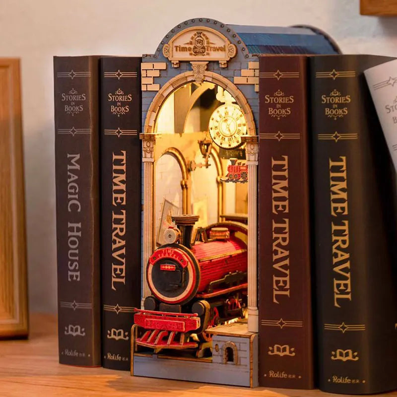 Robotime Rolife Book Nook DIY Dollhouse Furniture 4 Kinds Booknook Bookends Model Kit with LED Light for Bookshelf Insert Decor