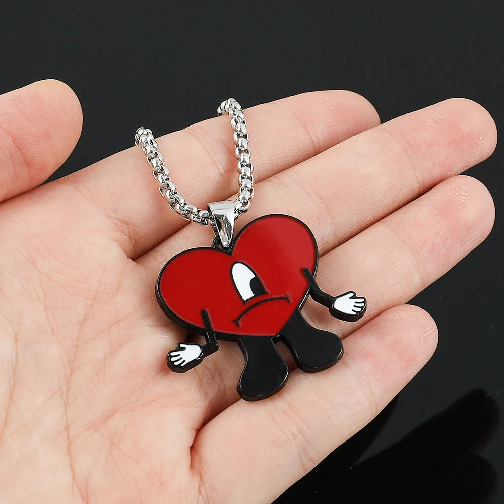 Rap Singer Bad Bunny Red Hear Necklace Cute Bad Rabbit Enamel Pendant Collares for Fans Rapper Accessories