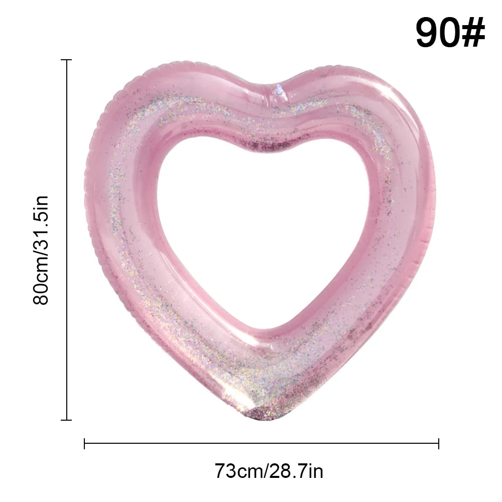 1pc Sequin Love Heart Swimming Ring Thickened PVC Inflatable Swim Circle Beach Swimming Pool Water Floating Ring