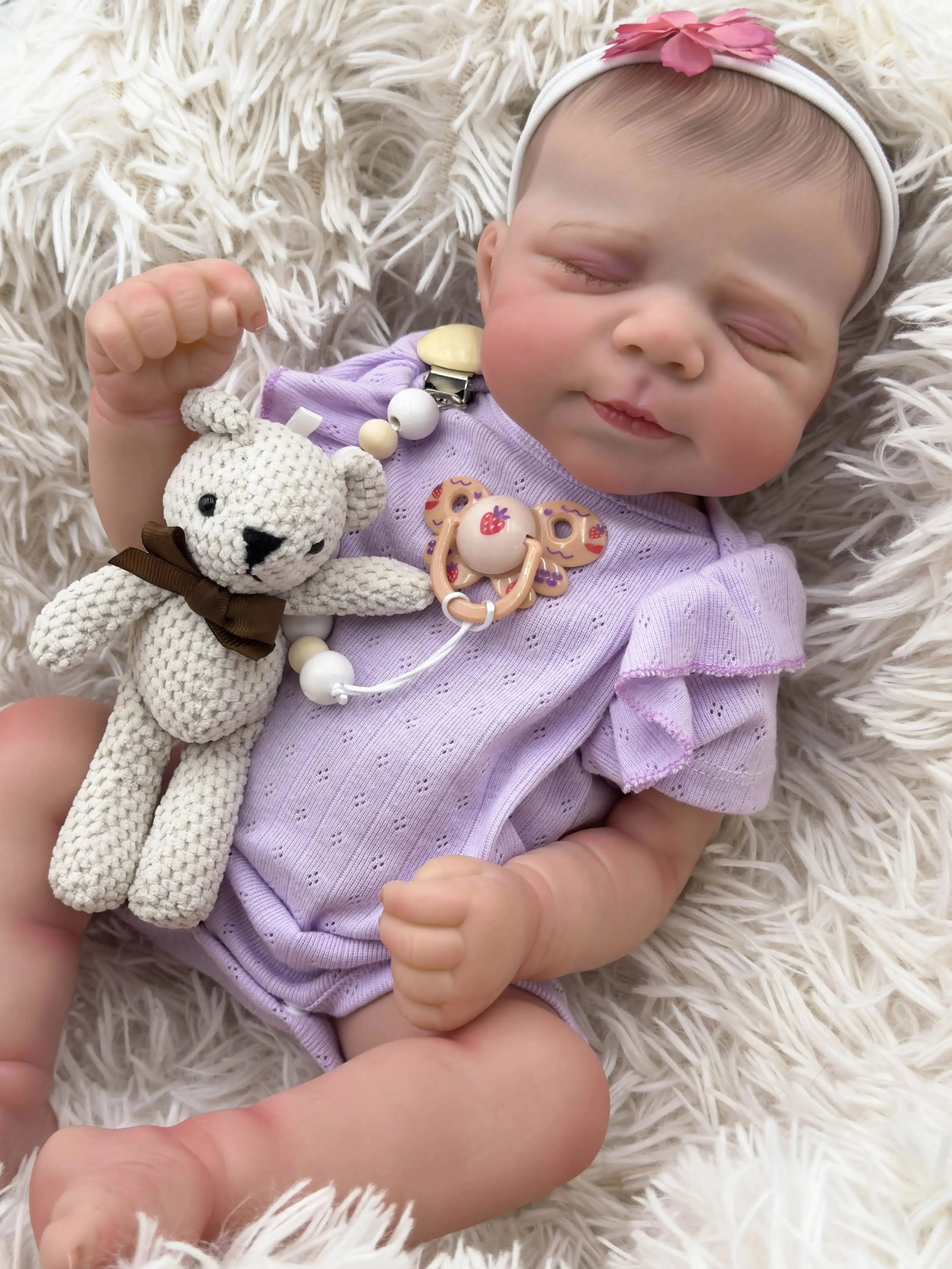 19 inch Reborn Baby doll - realistic baby girl with soft vinyl skin, purple costume and plush toys
