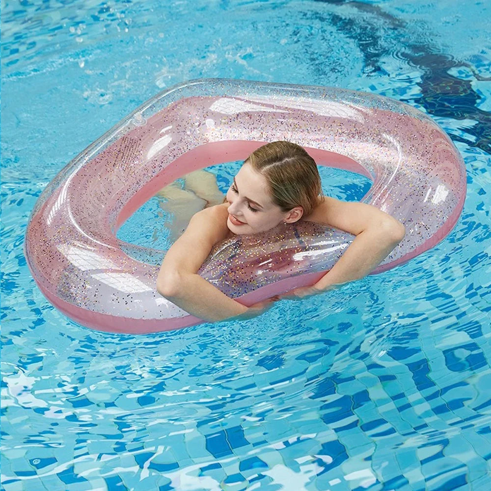 1pc Sequin Love Heart Swimming Ring Thickened PVC Inflatable Swim Circle Beach Swimming Pool Water Floating Ring