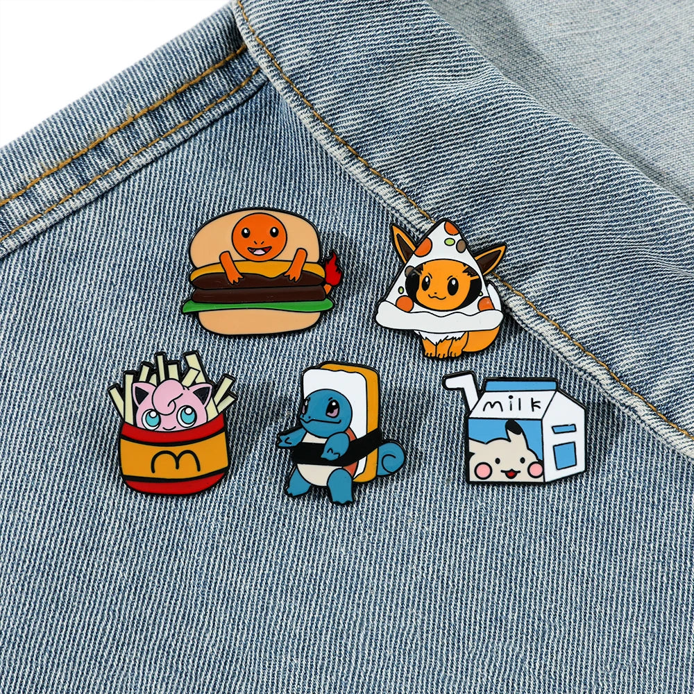 Sanrio Cola Hello Kitty Fries Kuromi Enamel Pin Pokemon Sandwich Pikachu Hamburger Charmander Metal Badge Brooch Gifts