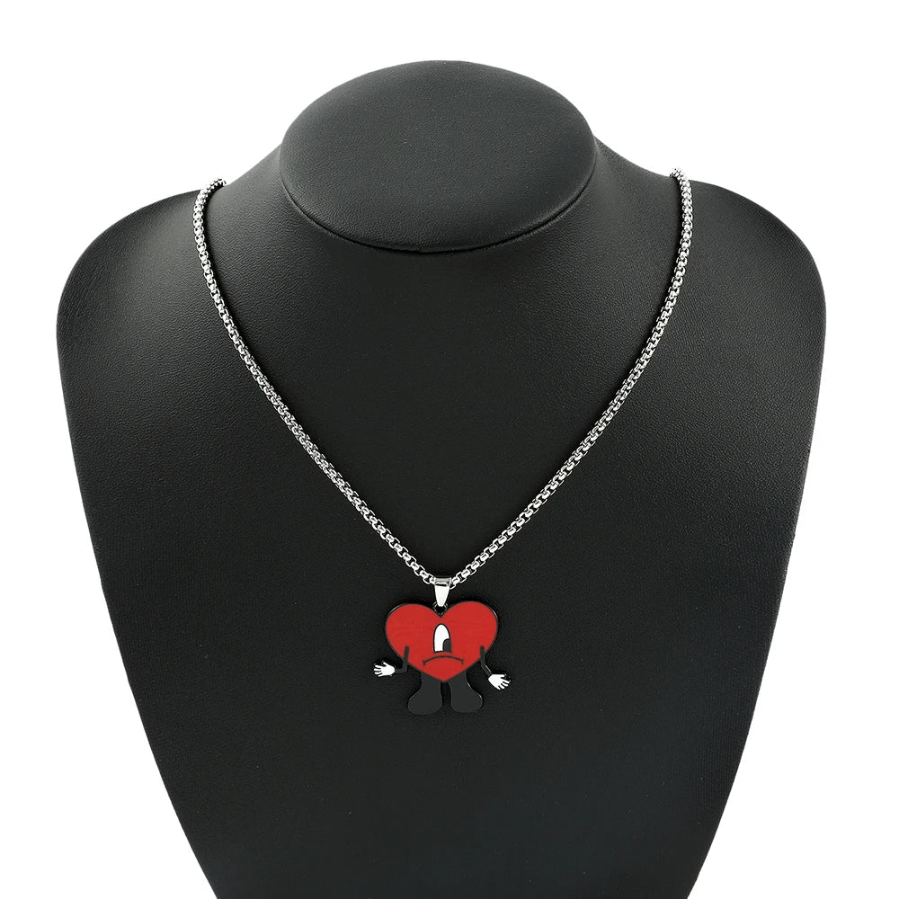 Rap Singer Bad Bunny Red Hear Necklace Cute Bad Rabbit Enamel Pendant Collares for Fans Rapper Accessories