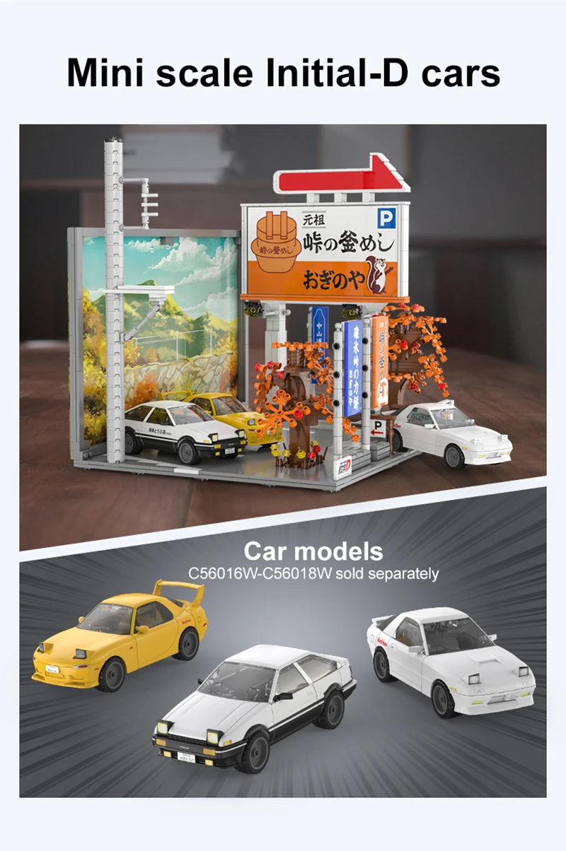 Cada Anime Initial D Tofu Shop House Model Building Blocks City Japanese Racing Car Parking Lot Bricks Toys Kid Gifts With LED
