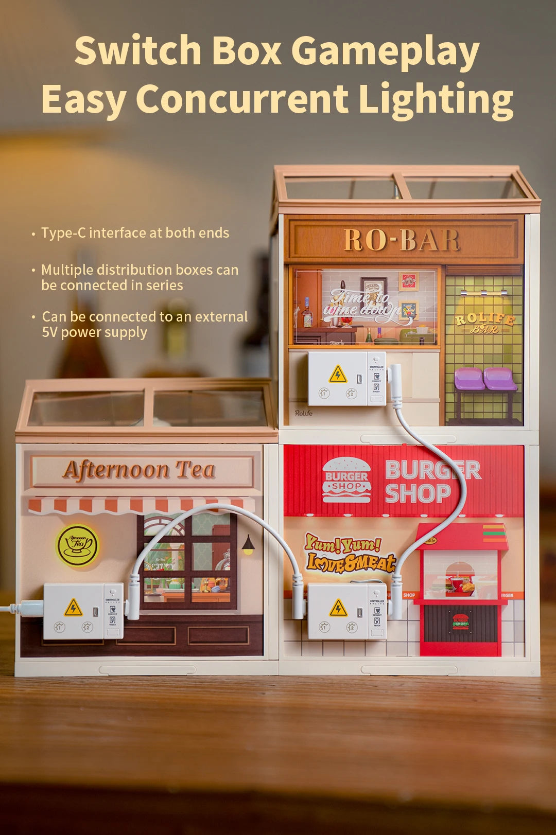 Robotime Rolife Super Creator Series Plastic Dollhouse Building Blocks for Kids Yum Burgers Leisurely Cheers Bar Sweet Sips Tea