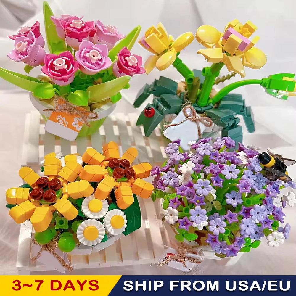 Romantic bouquet Mini Building blocks Girl toys DIY design Valentine building blocks Flower ornaments decorate Christmas gifts