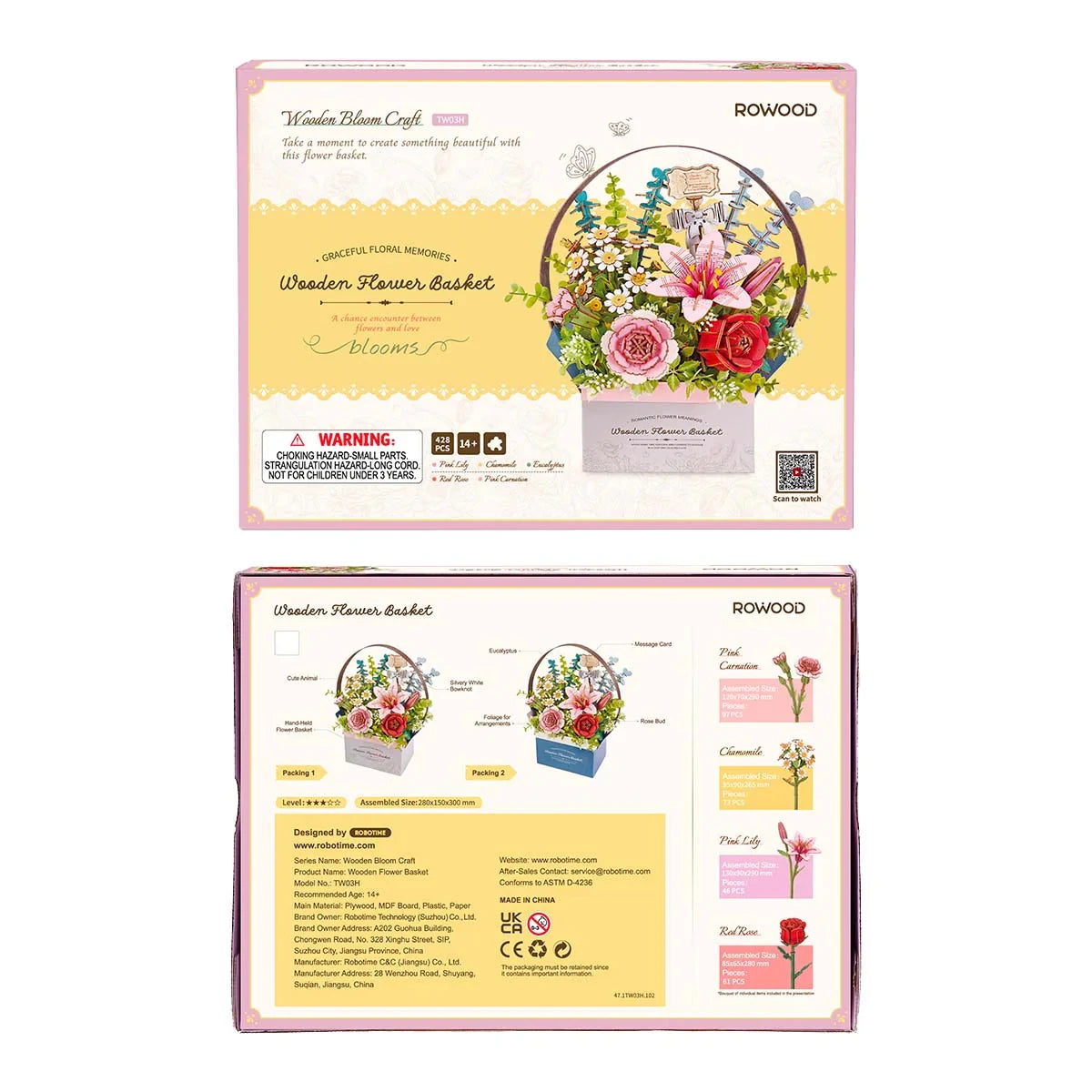 Robotime Rowood Flower Basket DIY 3D Wooden Puzzle Handscraft Flower Gifts for Girls friend Home Decoration Design