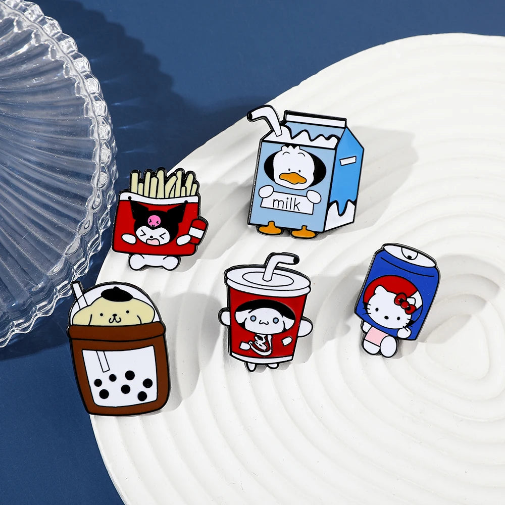 Sanrio Cola Hello Kitty Fries Kuromi Enamel Pin Pokemon Sandwich Pikachu Hamburger Charmander Metal Badge Brooch Gifts