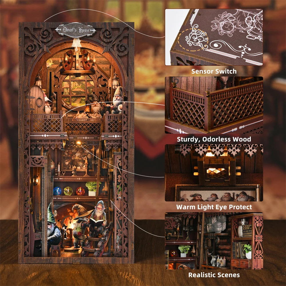 Book Nook Kit Seven Dwarfs DIY Wooden Puzzle Snow White Grimms' Fairy Tales Bookshelf Dollhouse Bookend Building Home Deco
