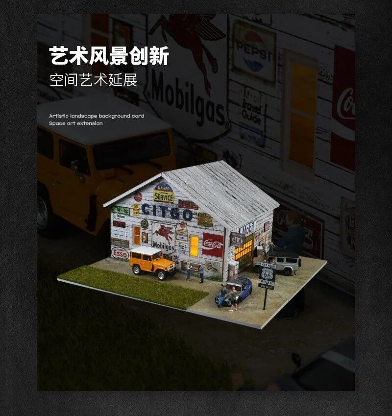 Diorama 1/64 Car Garage Model LED Lighting City Factory Car Parking Lot Scene Building Display Model Toys