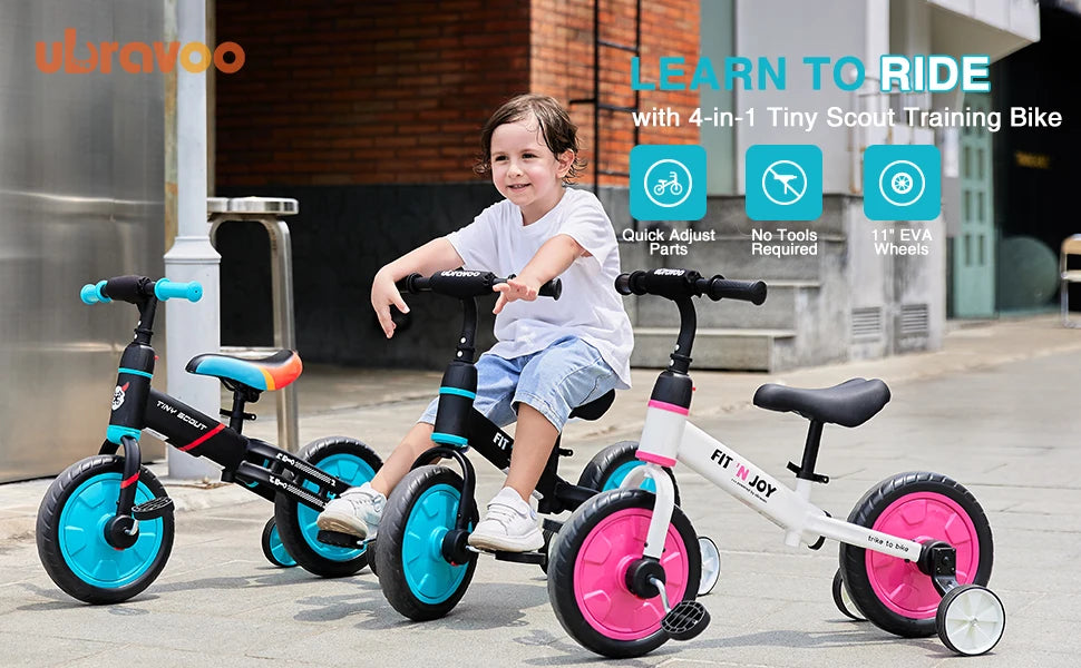 UBRAVOO Tiny Scout Balance Bike 3 4 5 Years , 4-in-1 with Optional Support Wheels and Pedals, Saddle Height Adjustable,JL102