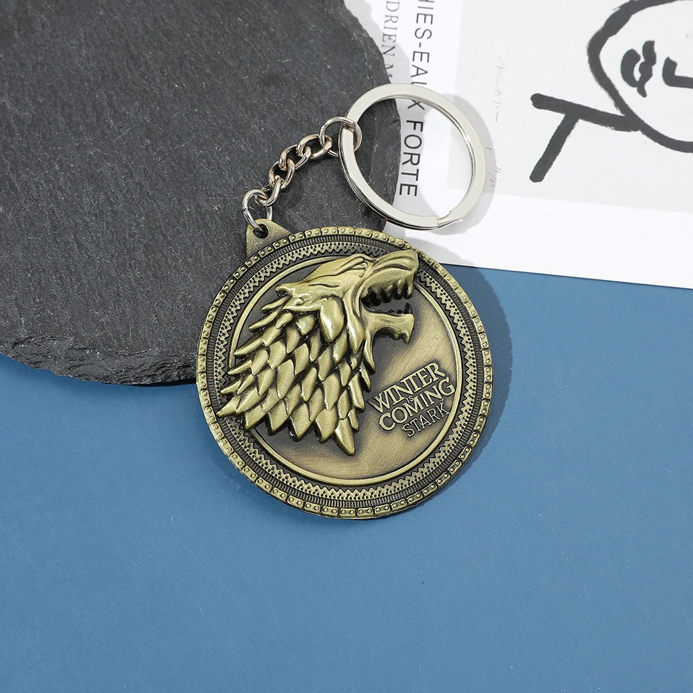 Movie A Song of Ice and Fire Metal Keychain Wolf Head Pattern Vintage Style Pendnat Keyrings for Car Key Backpack Accessories