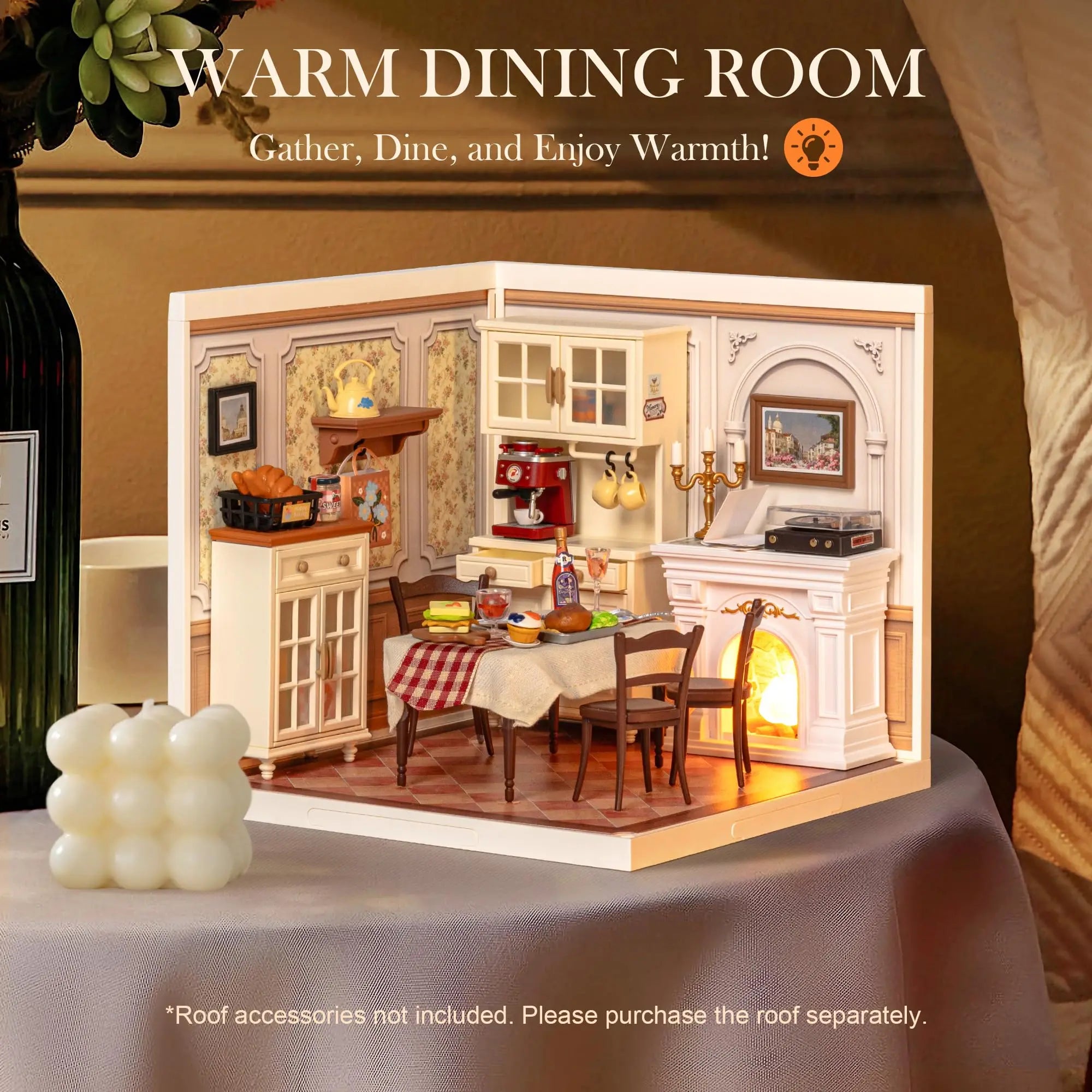ROBOTIME DIY Miniature House Craft Kit, Dollhouse Model Building Kit Birthday Creative Gifts for Adults, Kids (Warm Dining Room)