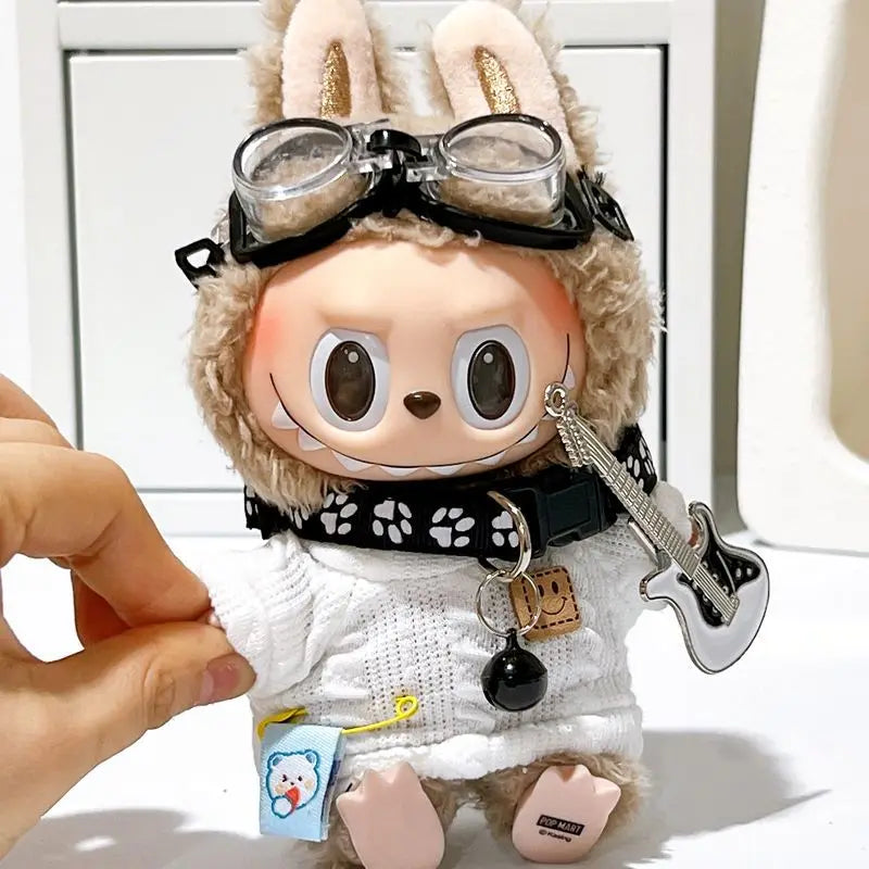 17cm DIY Sweater Goggles Dog Collar Guitar Fashion Doll'S Clothing Labubu Plush Doll Clothes Kawaii Animal Plushies Cartoon Suit