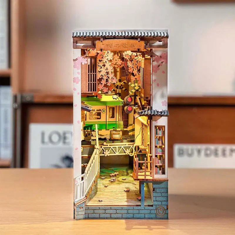 Robotime Rolife Book Nook DIY Dollhouse Furniture 4 Kinds Booknook Bookends Model Kit with LED Light for Bookshelf Insert Decor