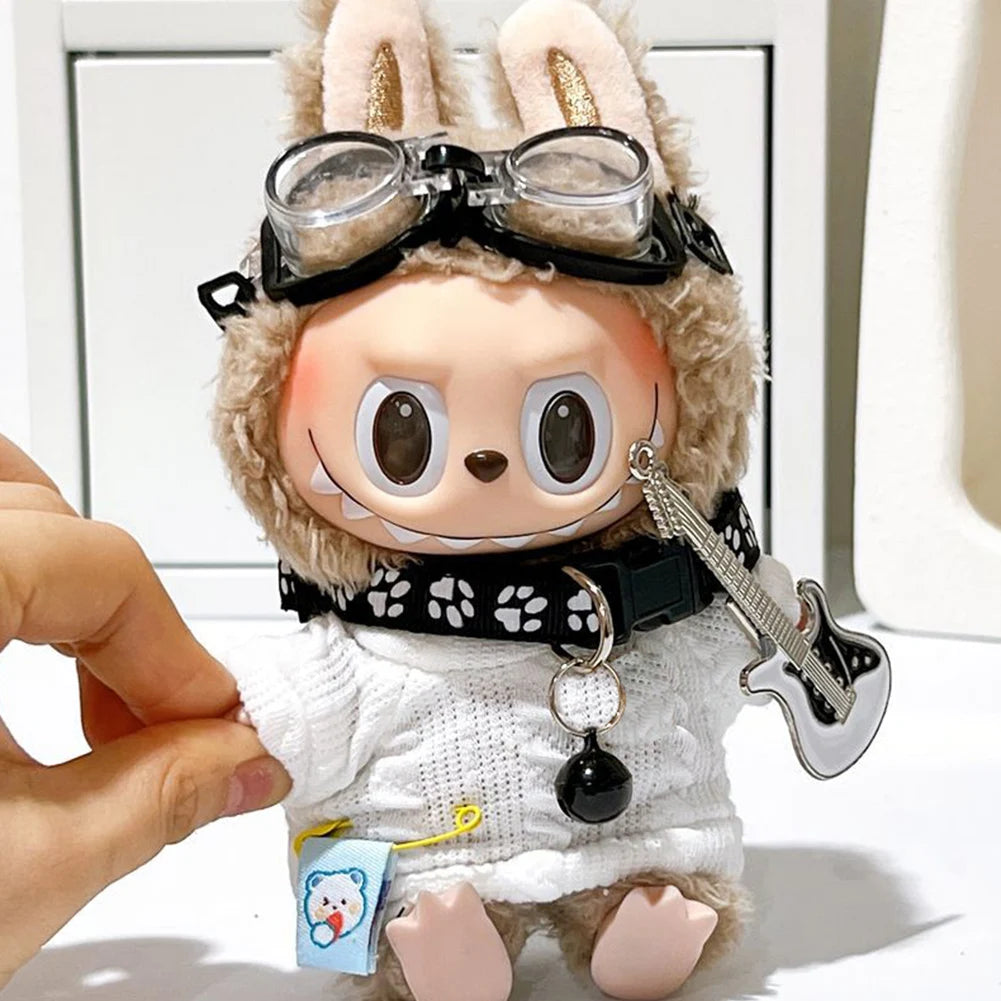 17cm DIY Sweater Goggles Dog Collar Guitar Fashion Doll'S Clothing Labubu Plush Doll Clothes Kawaii Animal Plushies Cartoon Suit