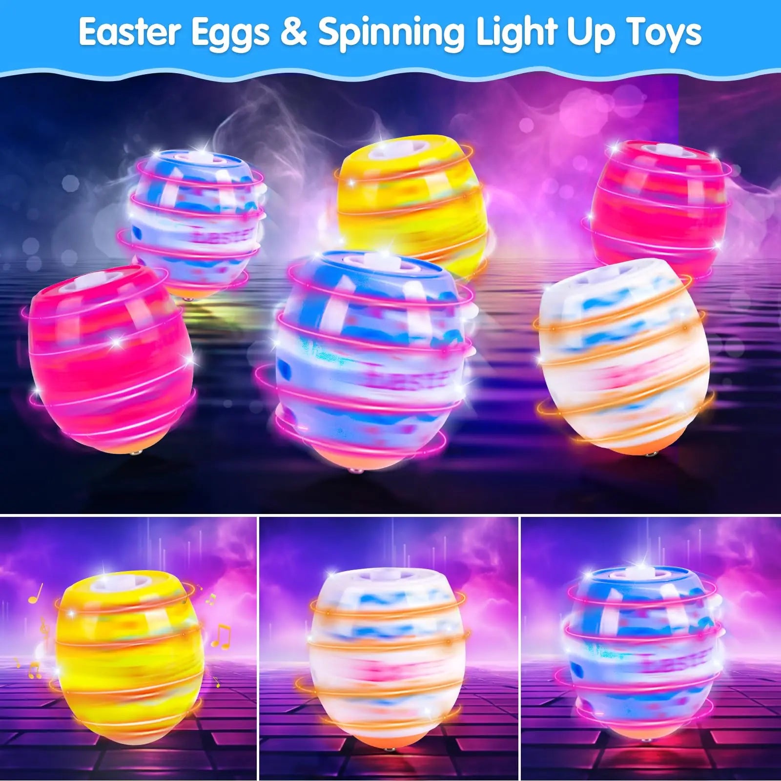 2024 TERRAMUS Easter Eggs Toys-6Pack Spinning Tops LED&Singing Party Favors Basket Stuffers Plastic Easter Gifts for Kids3+