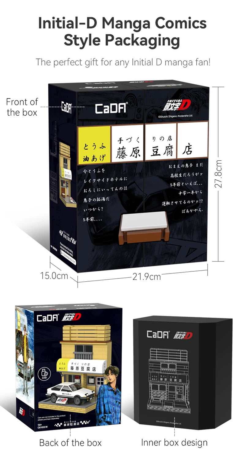 Cada Anime Initial D Tofu Shop House Model Building Blocks City Japanese Racing Car Parking Lot Bricks Toys Kid Gifts With LED