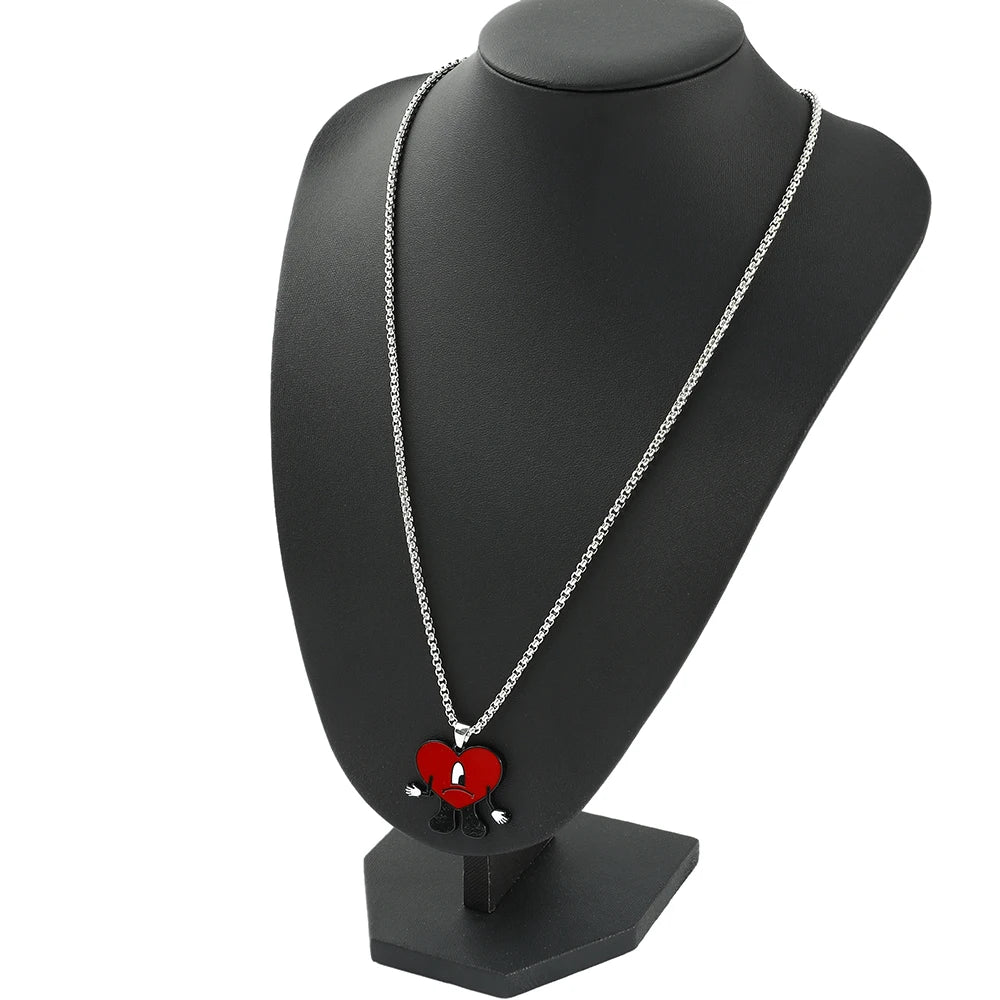 Rap Singer Bad Bunny Red Hear Necklace Cute Bad Rabbit Enamel Pendant Collares for Fans Rapper Accessories