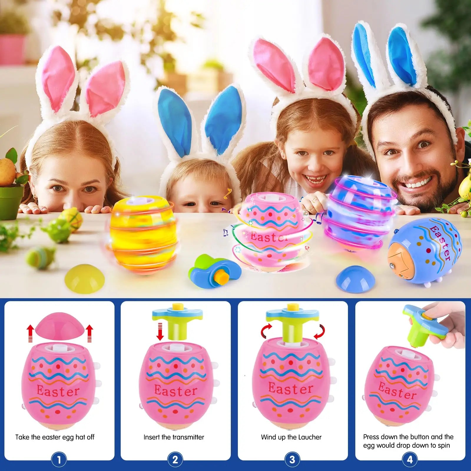 2024 TERRAMUS Easter Eggs Toys-6Pack Spinning Tops LED&Singing Party Favors Basket Stuffers Plastic Easter Gifts for Kids3+