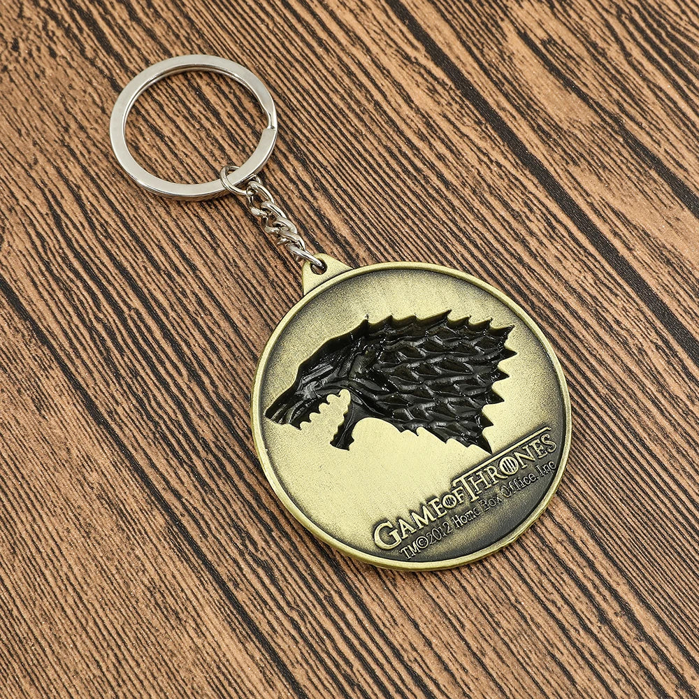 Movie A Song of Ice and Fire Metal Keychain Wolf Head Pattern Vintage Style Pendnat Keyrings for Car Key Backpack Accessories