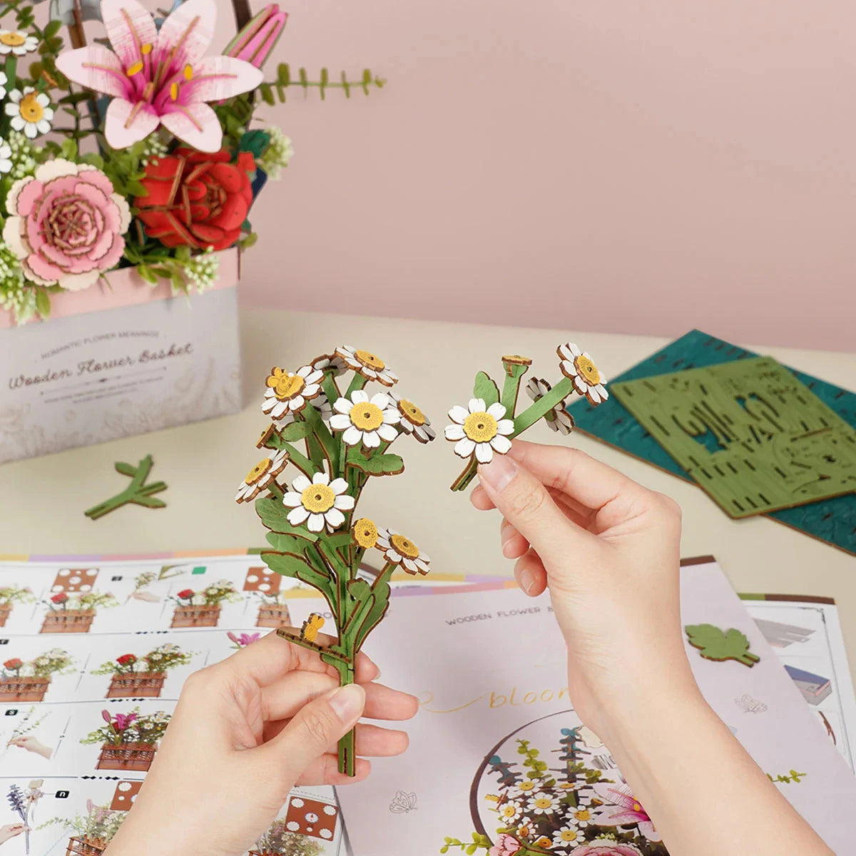 Robotime Rowood Flower Basket DIY 3D Wooden Puzzle Handscraft Flower Gifts for Girls friend Home Decoration Design