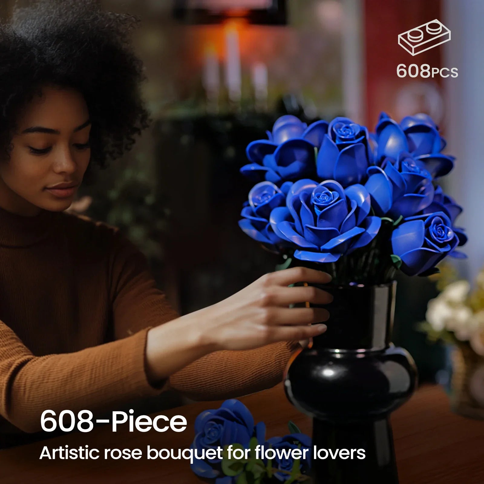 Blue Roses Bouquet Building Set Artificial Flowers Botanical Home Decoration Floral Blocks Kit for Adults Mother's Day Gifts