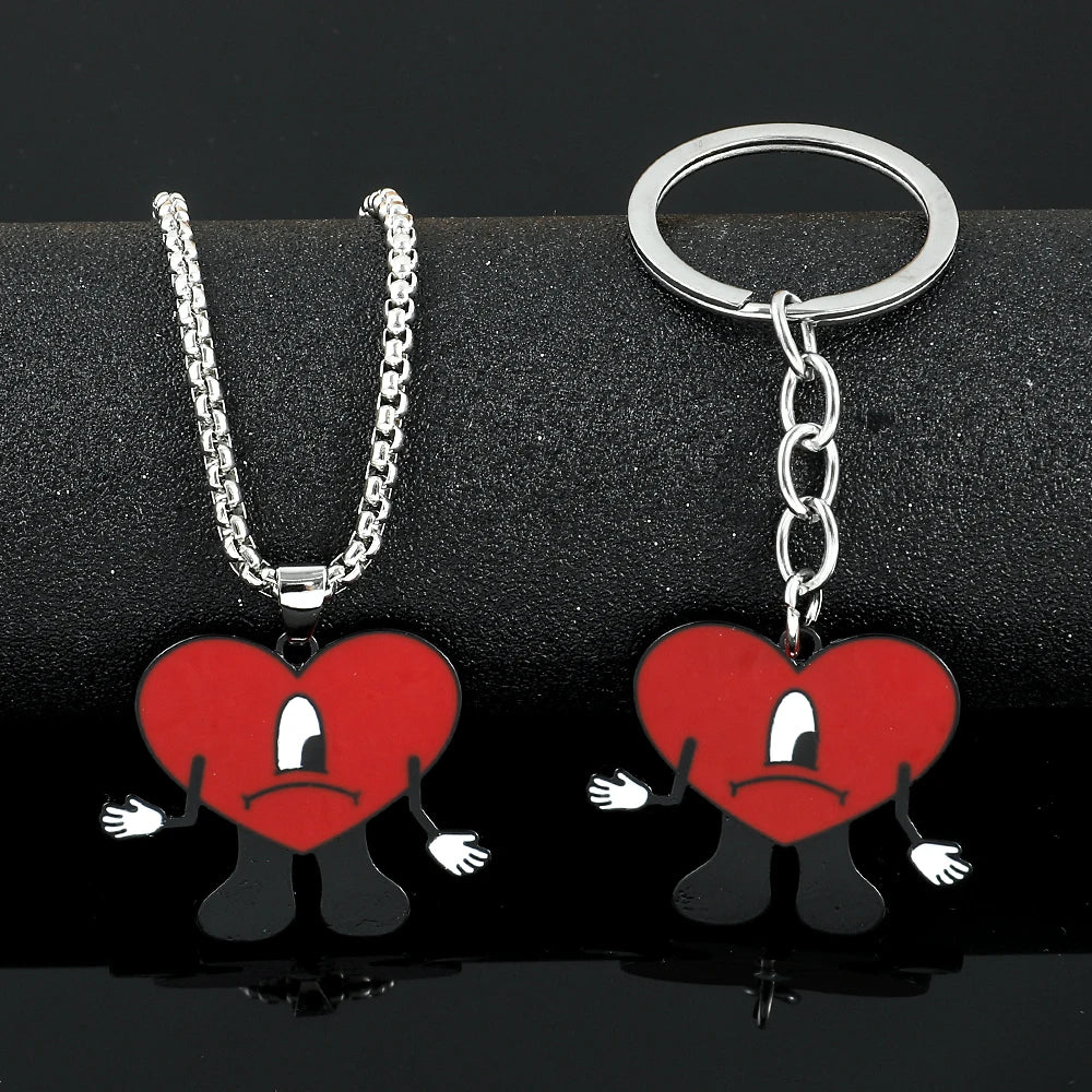 Rap Singer Bad Bunny Red Hear Necklace Cute Bad Rabbit Enamel Pendant Collares for Fans Rapper Accessories