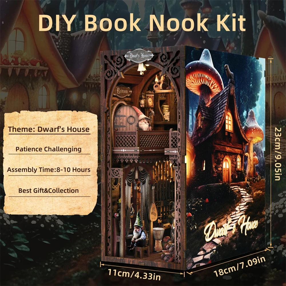 Book Nook Kit Seven Dwarfs DIY Wooden Puzzle Snow White Grimms' Fairy Tales Bookshelf Dollhouse Bookend Building Home Deco