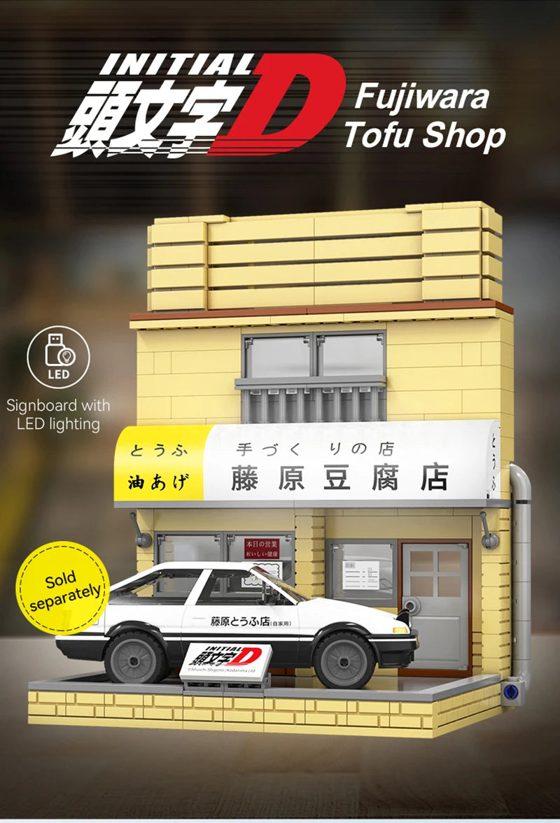 Cada Anime Initial D Tofu Shop House Model Building Blocks City Japanese Racing Car Parking Lot Bricks Toys Kid Gifts With LED