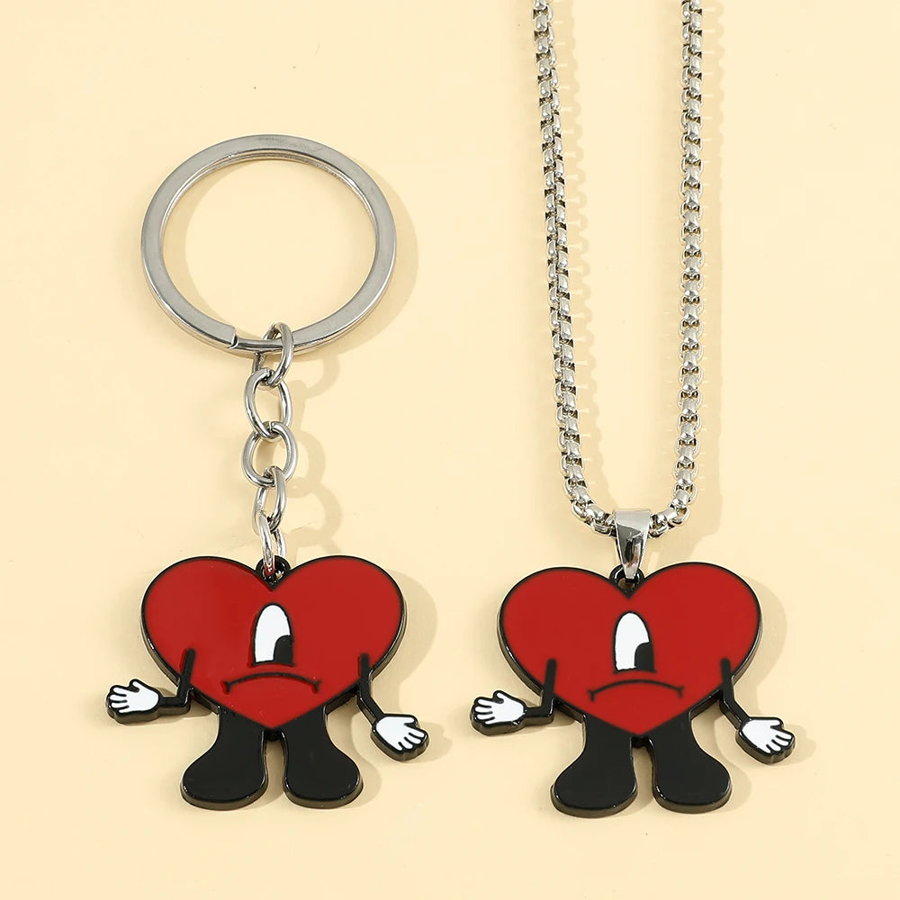 Rap Singer Bad Bunny Red Hear Necklace Cute Bad Rabbit Enamel Pendant Collares for Fans Rapper Accessories
