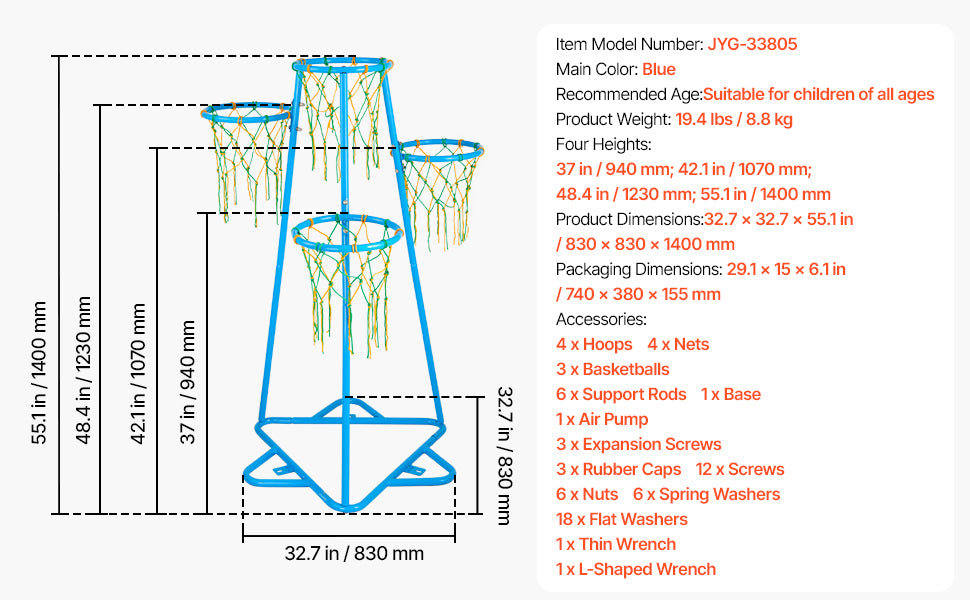VEVOR 4-Hoop Kids Basketball Hoop Stand with Adjustable Heights & 3 Balls for Boys & Girls Indoor Outdoor Basketball Sport Toys